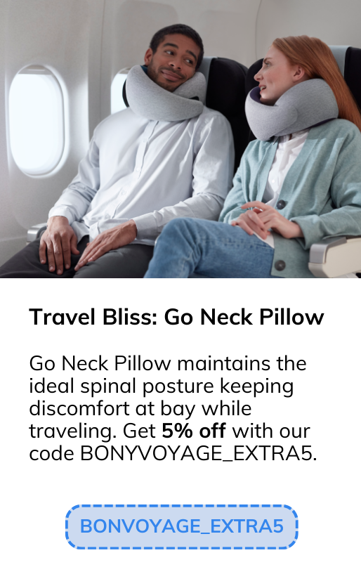 Go Neck Pillow maintains the ideal spinal posture keeping discomfort at bay while traveling. Get 5% off with our code BONYVOYAGE_EXTRA5.
