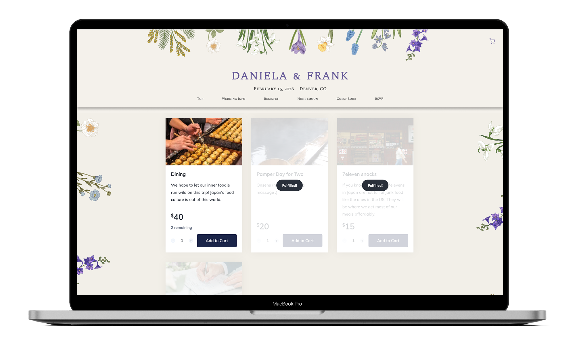 Wedding registry built into a wedding website