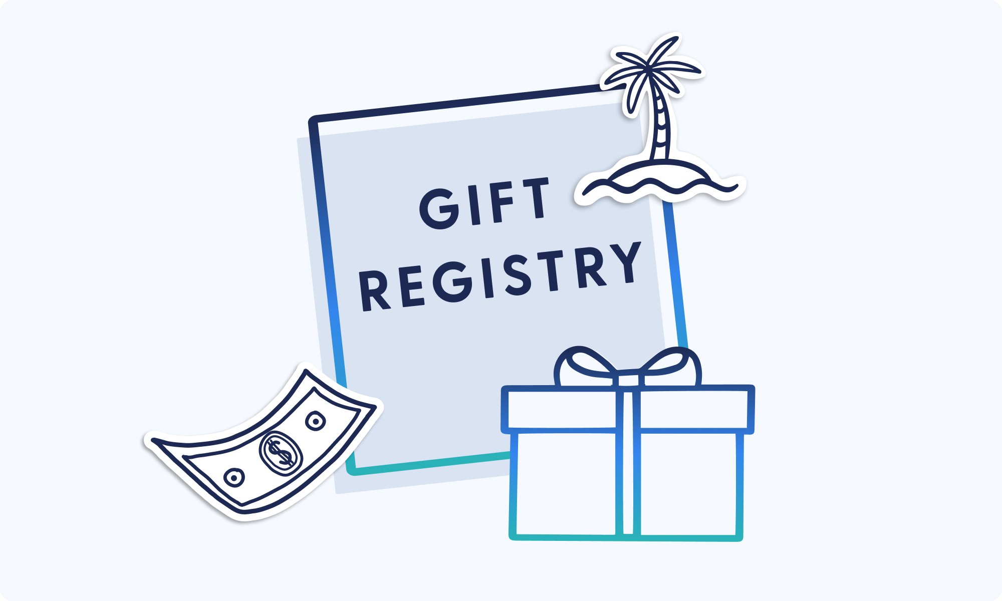 Graphic depicting a gift registry with a gift box, money, and a palm tree.