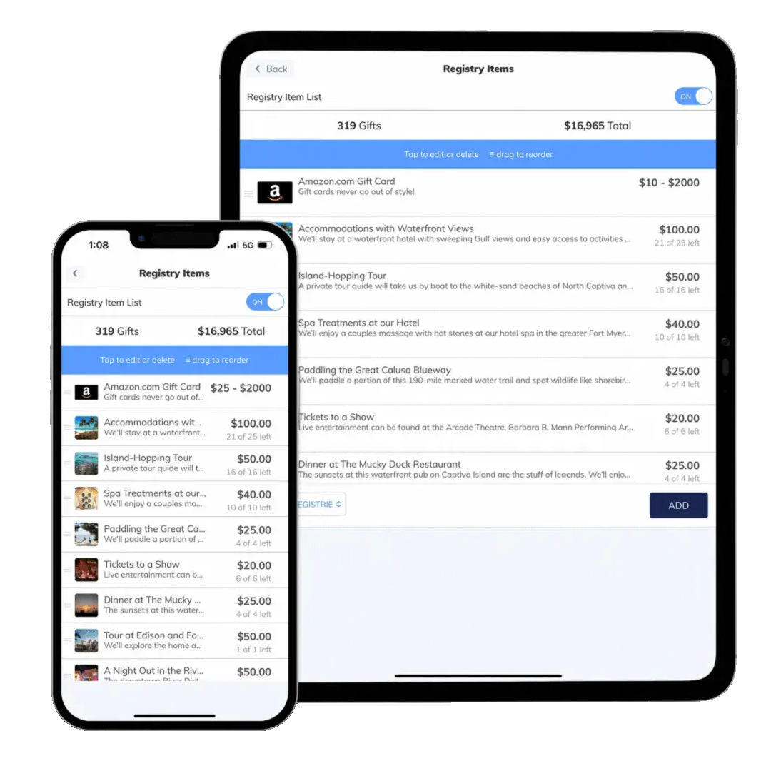 Couple sharing registry details on wedding signage