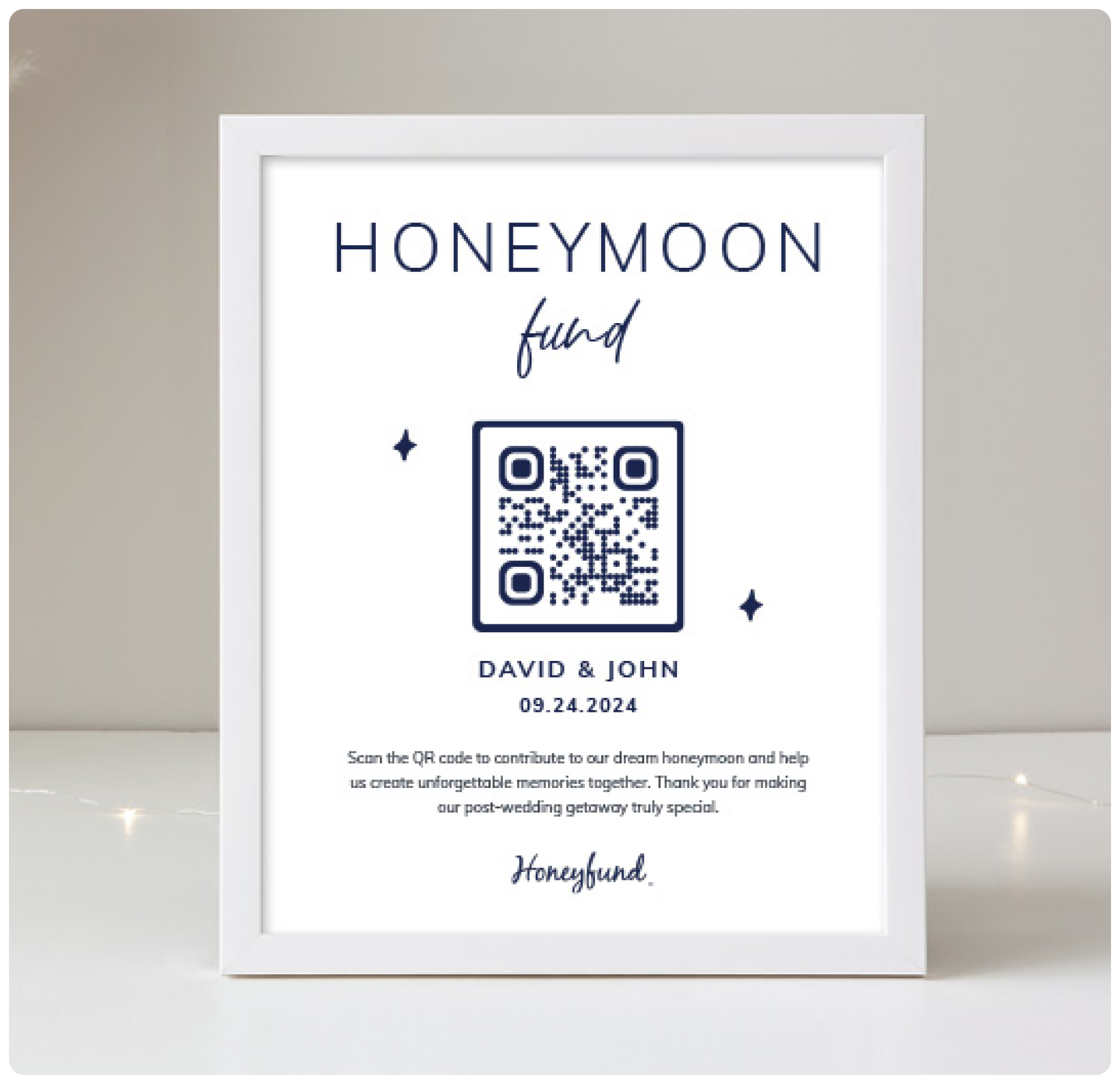 Honeyfund dashboard with shareable honeymoon registry link and downloadable QR code
